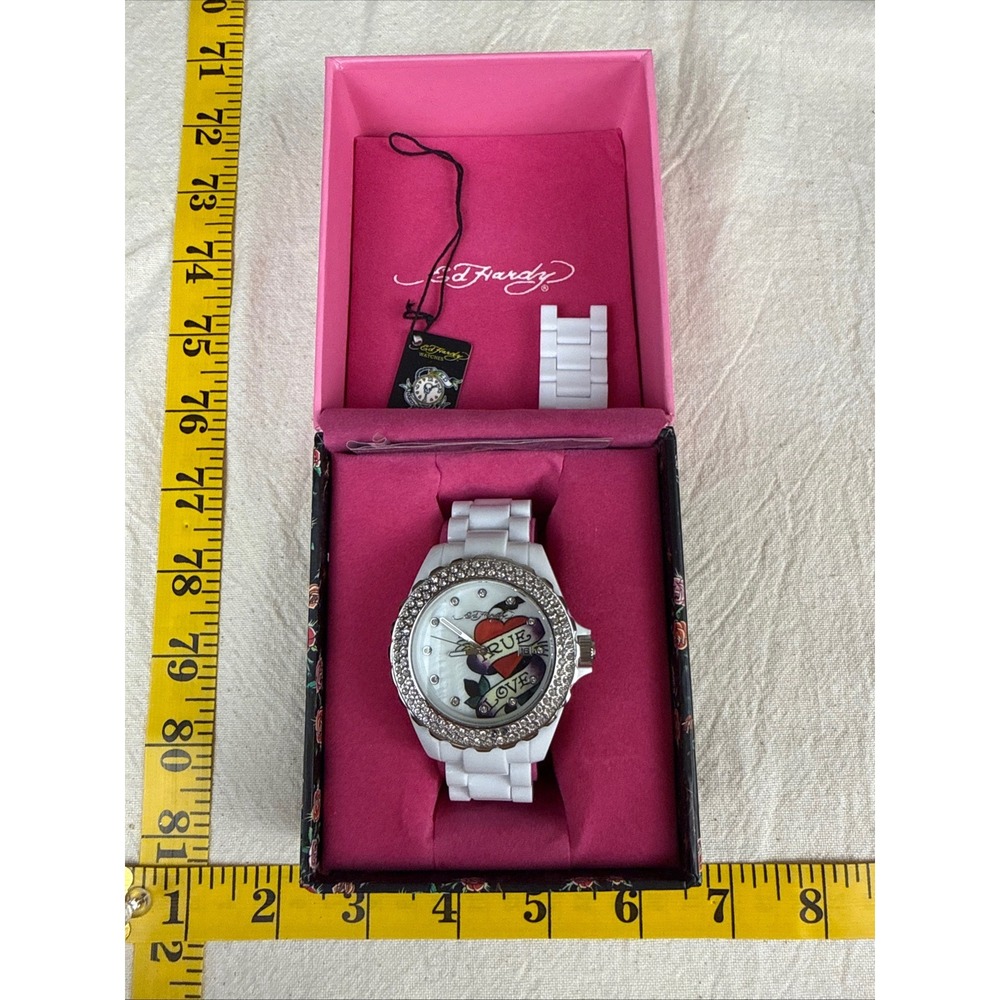 Ed Hardy Womens White Watch Y2K True Love Tattoo Swarovski New Battery in Box
